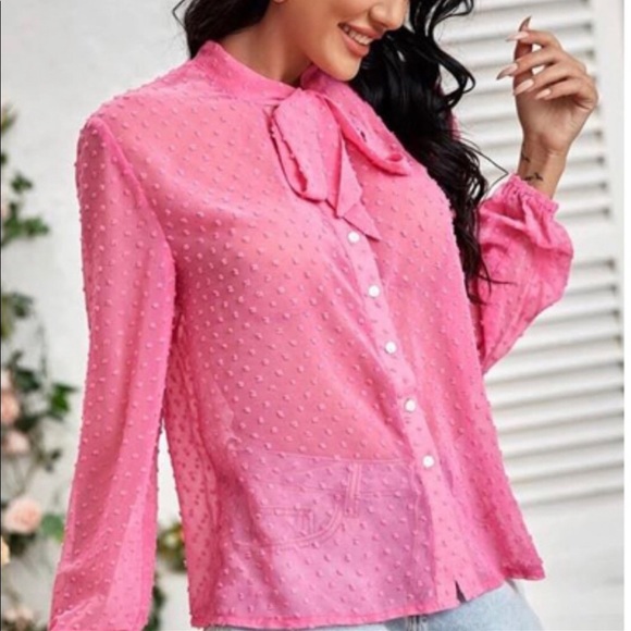Pink Swiss Dots Tie Neck Blouse - Picture 3 of 6
